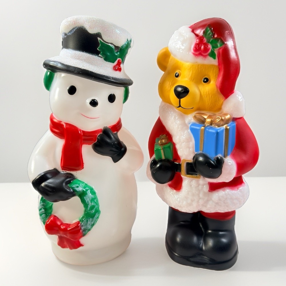 Holiday Time Lighted Blow Mold Snowman Christmas Bear Tabletop 11" Lot of 2